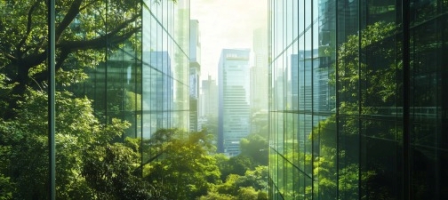 Trees reflecting in city building windows