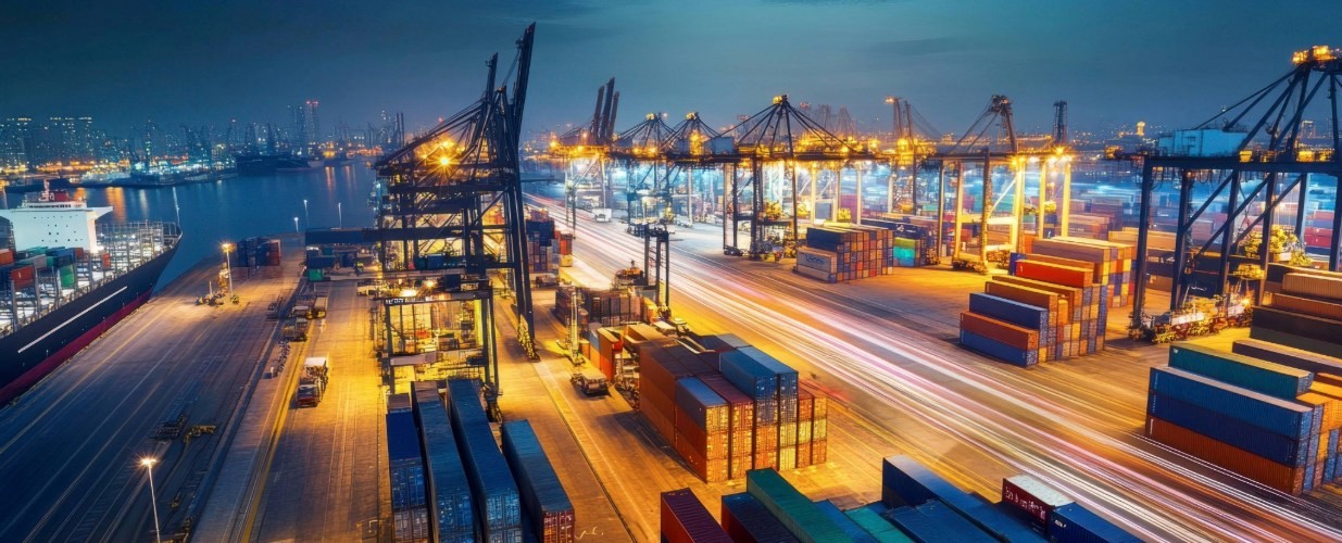 Aerial view of an illuminated container port at dusk, showing cranes and stacked shipping containers in operation.