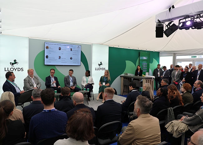 Commercial real estate panel discussion taking place at the Lloyds Building Futures pavilion during UKREiiF 2026.