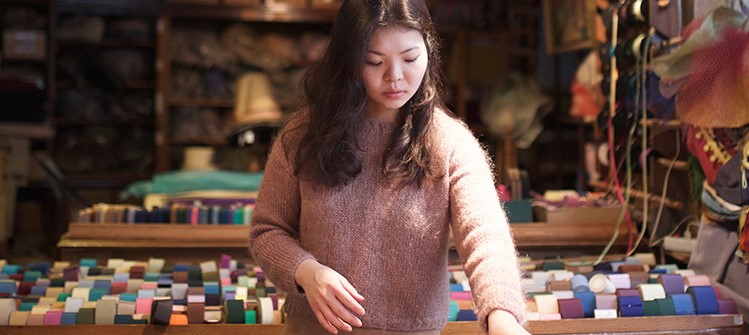Woman in a material store