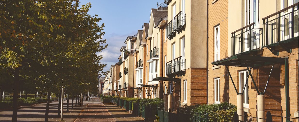 Modern new terraced houses and apartment flats in Cardiff, Wales, UK