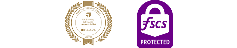 Image showing 2 logos: Most Trusted Business Bank Award from UK Banking & FInance Awards 2026 by RFI Global, and Financial Services Compensation Scheme Protected.