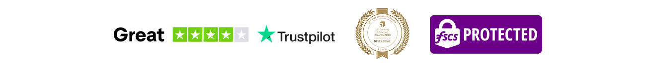 Image lock up showing 3 logos: 4-star 'Great' rating from Trustpilot (score as of 1 June 2026), Most Trusted Business Bank Award from UK Banking & FInance Awards 2026 by RFI Global, and Financial Services Compensation Scheme Protected.