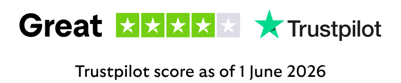Image showing 4-star 'Great' rating from Trustpilot, score as of 1 June 2026.