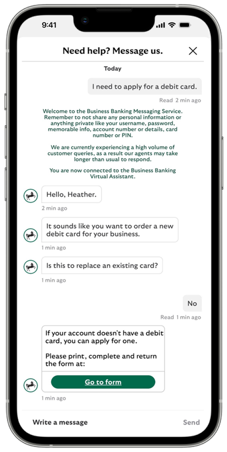 A mobile view of the business mobile app virtual assistant.