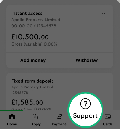 A screenshot showing the Support button in the Lloyds Bank business mobile app.