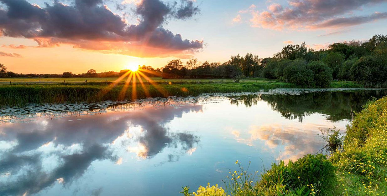 Sunset or sunrise over lake and nature