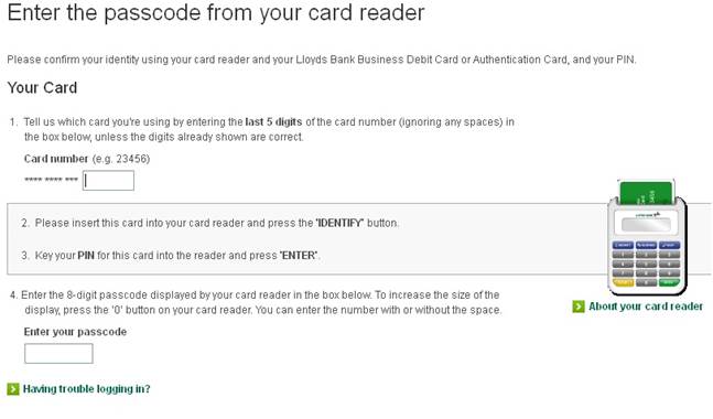 Screenshot of the page where the code from the card reader will need to be entered.