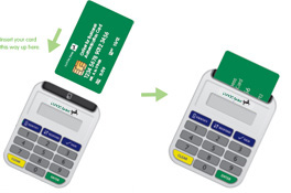 Insert the card into the slot at the top of the reader, with the card face-up and the chip end entering the reader first.