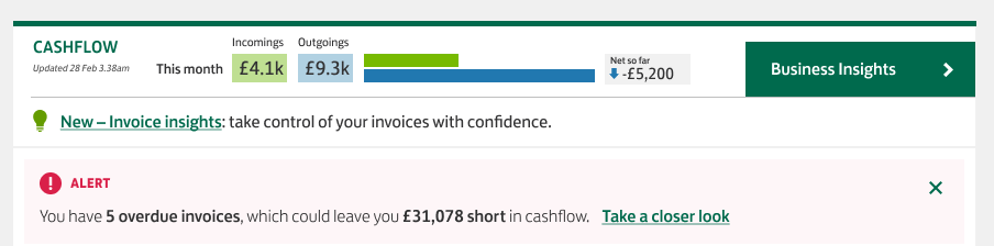 A screenshot of where the Invoice Insights link sits on a Lloyds Business bank account