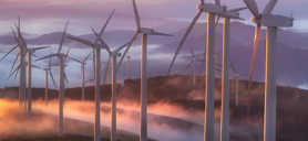 A landscape of many wind farms generating electricity.