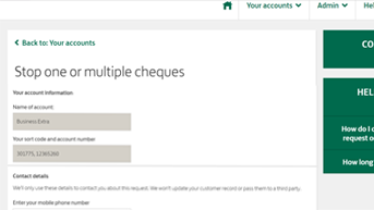 Close up of the 'Stop a cheque' option