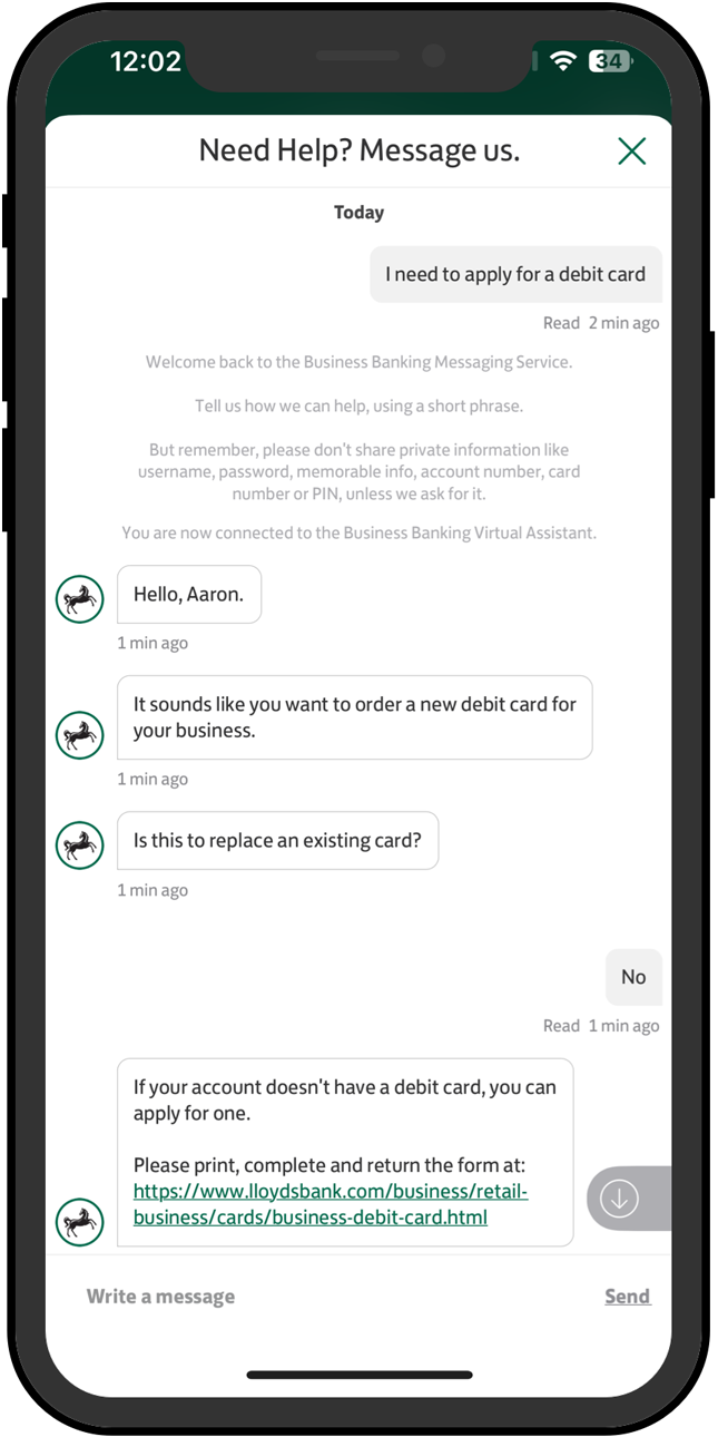 A mobile view of the business mobile app virtual assistant.