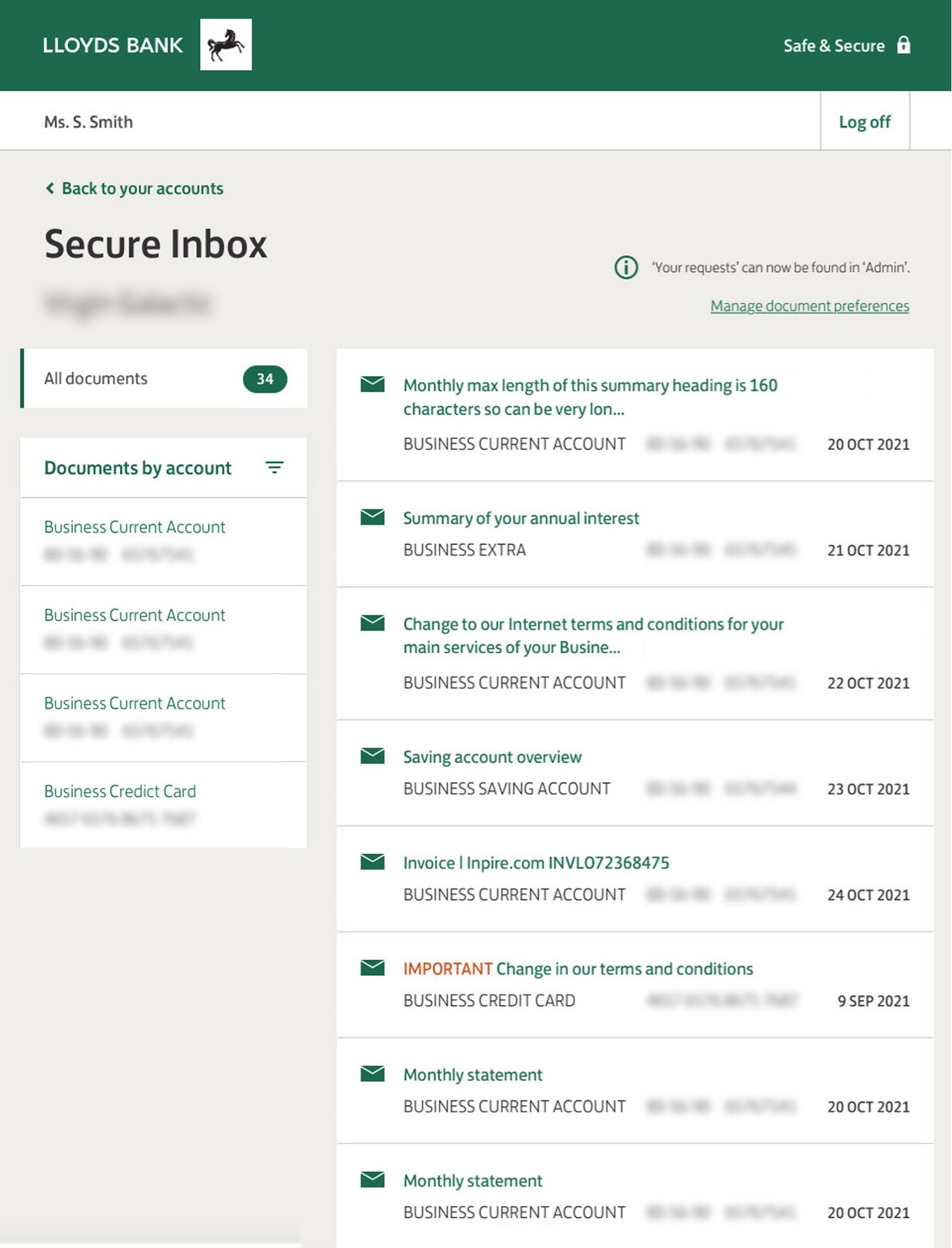 This image shows the a list of messages received to a customers secure inbox accessed in online banking. Customer is also able to manage document preferences.