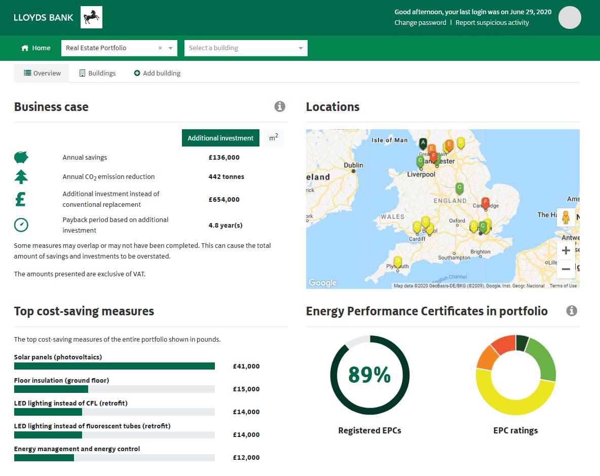Green Buildings Tool dashboard display