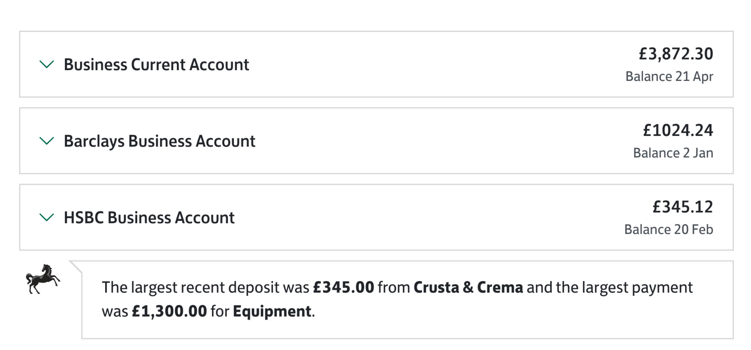 Screenshot example of all of your bank accounts in one place, including accounts with other providers