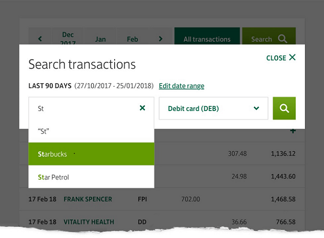 search your transactions screen