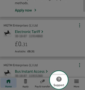 A screenshot showing the Support button in the Lloyds Bank business mobile app.