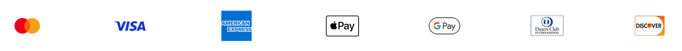Logos of payment types; mastercard, visa, american express, apple pay, google pay, diners club international, and discover.