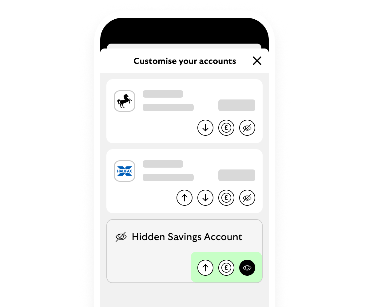 Smartphone showing Lloyds mobile app home screen with accounts from Lloyds, Halifax,and hidden accounts for you to customise