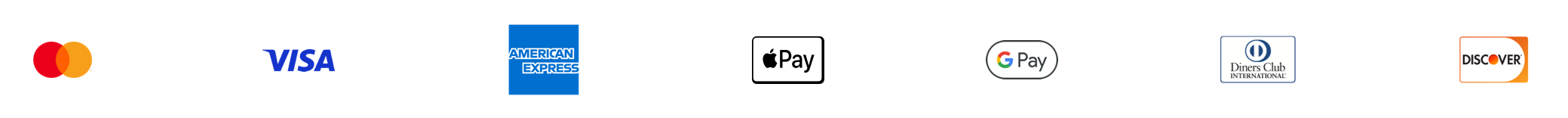 Logos of payment types; mastercard, visa, american express, apple pay, google pay, diners club international, and discover.