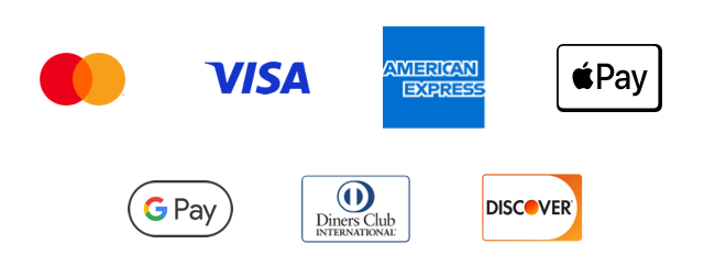 Logos of payment types; mastercard, visa, american express, apple pay, google pay, diners club international, and discover.