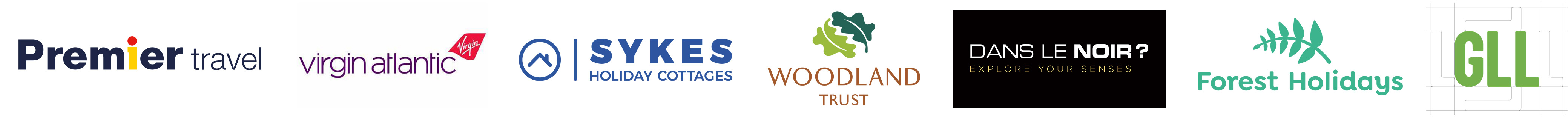 Logos of businesses which use Lloyds Cardnet - Premier Travel, Virgin Atlantic, Sykes Holiday Cottages, The Woodland Trust, Dans Le Noir, Forest Holidays, GLL