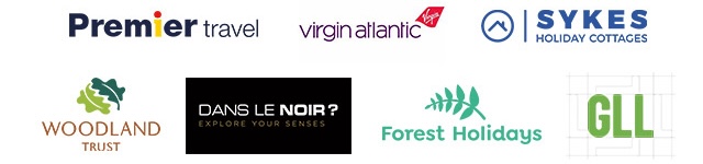 Logos of businesses which use Lloyds Cardnet - Premier Travel, Virgin Atlantic, Sykes Holiday Cottages, The Woodland Trust, Dans Le Noir, Forest Holidays, GLL