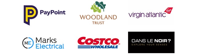 Logos of businesses which use Lloyds Cardnet - PayPoint, The Woodland Trust, Virgin Atlantic, Marks Electricial, Costco Wholesale, Dans Le Noir