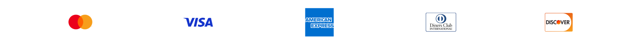 Logos of payment types; Mastercard, Visa, American Express, Diners Club International and Discover