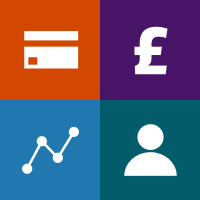 Large square made up of 4 smaller square containing white icons. Square one shows a credit card icon on an orange background, square2 shows a pound icon on a purple background. Square three shows a line graph icon on a light blue background and square four shows a person icon on a teal background