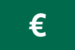 White euro icon on dark green rectangular background.