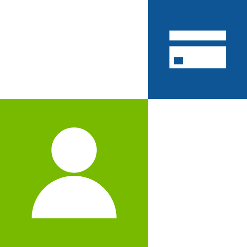 A person icon on a large apple green rectangle and a smaller white credit card icon on a blue rectangle.