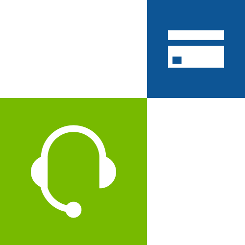 White headset icon on a large apple green rectangle and a smaller white credit card icon on a blue rectangle.