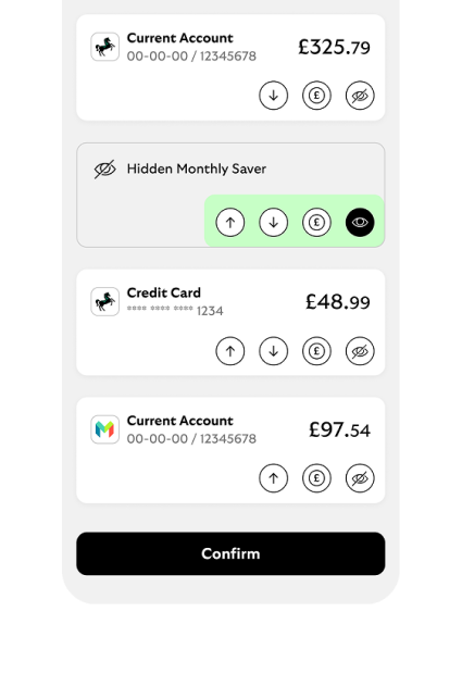 Mobile app showing ability to show, hide and order accounts