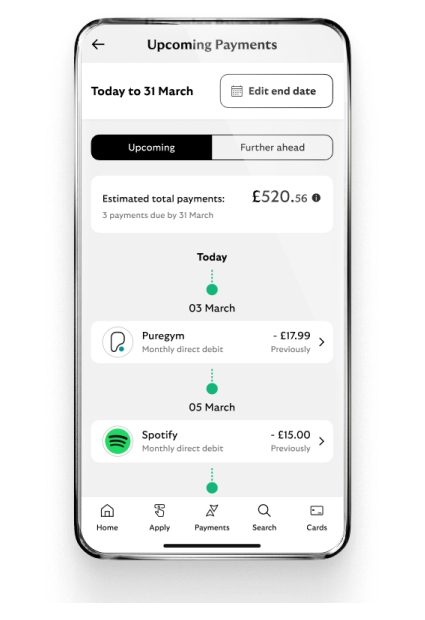 upcoming payments in the mobile app