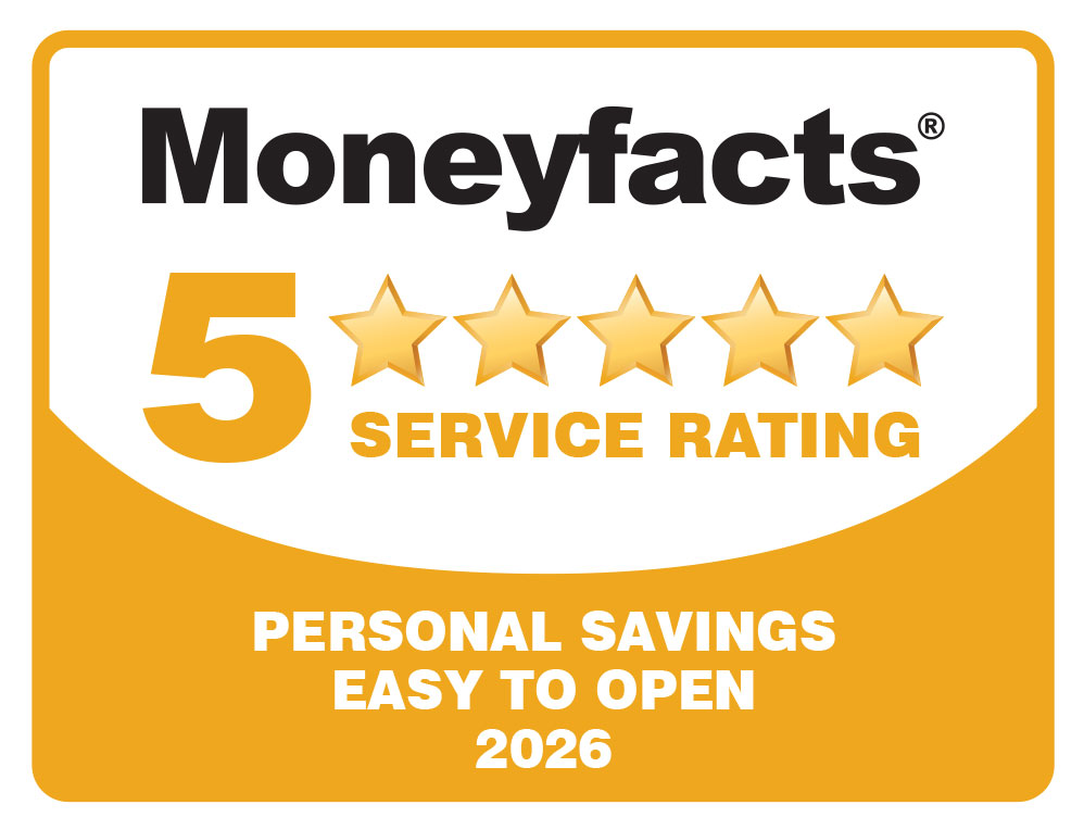 Moneyfacts 5 star service rating for personal savings, easy to open, 2026.