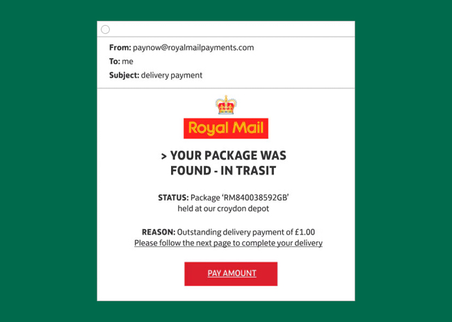An example of a fake royal mail email used by scammers