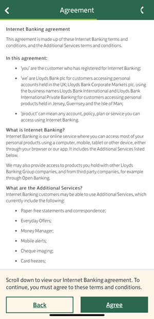 Internet Banking agreement screenshot from the app.