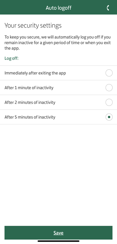 Auto log off settings screenshot from the app.