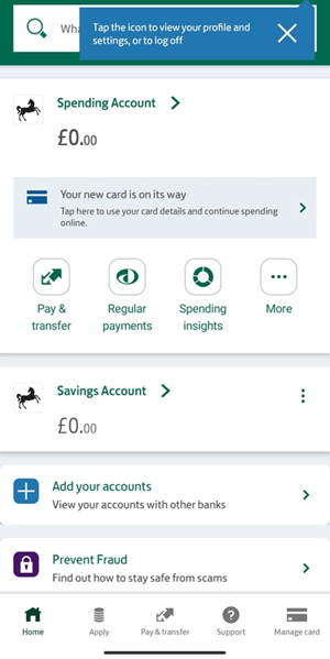 Lloyds Bank app homescreen screenshot from app.