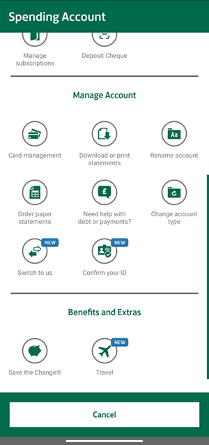 Spending account menu screenshot.