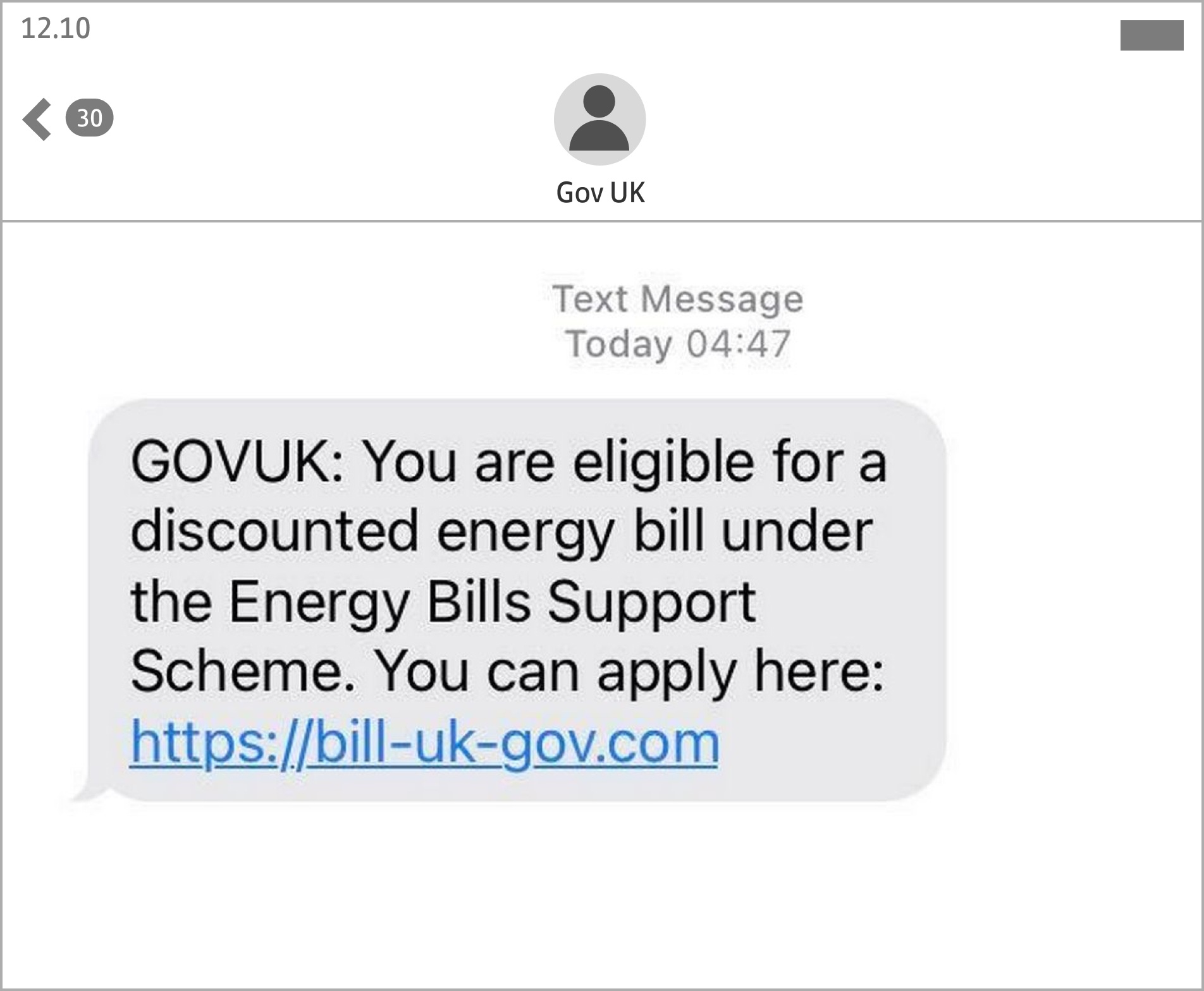Image of a typical Gov UK scam text.