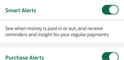 Screenshot showing 'Smart Alerts' toggle in mobile app