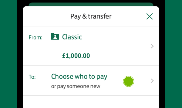 Screenshot of app showing 'Choose who to pay' option selected