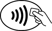 Graphic of a hand holding a bank card over the contacless payment logo. The logo has four curved lines radiating rightwards - imitating an airborne signal.