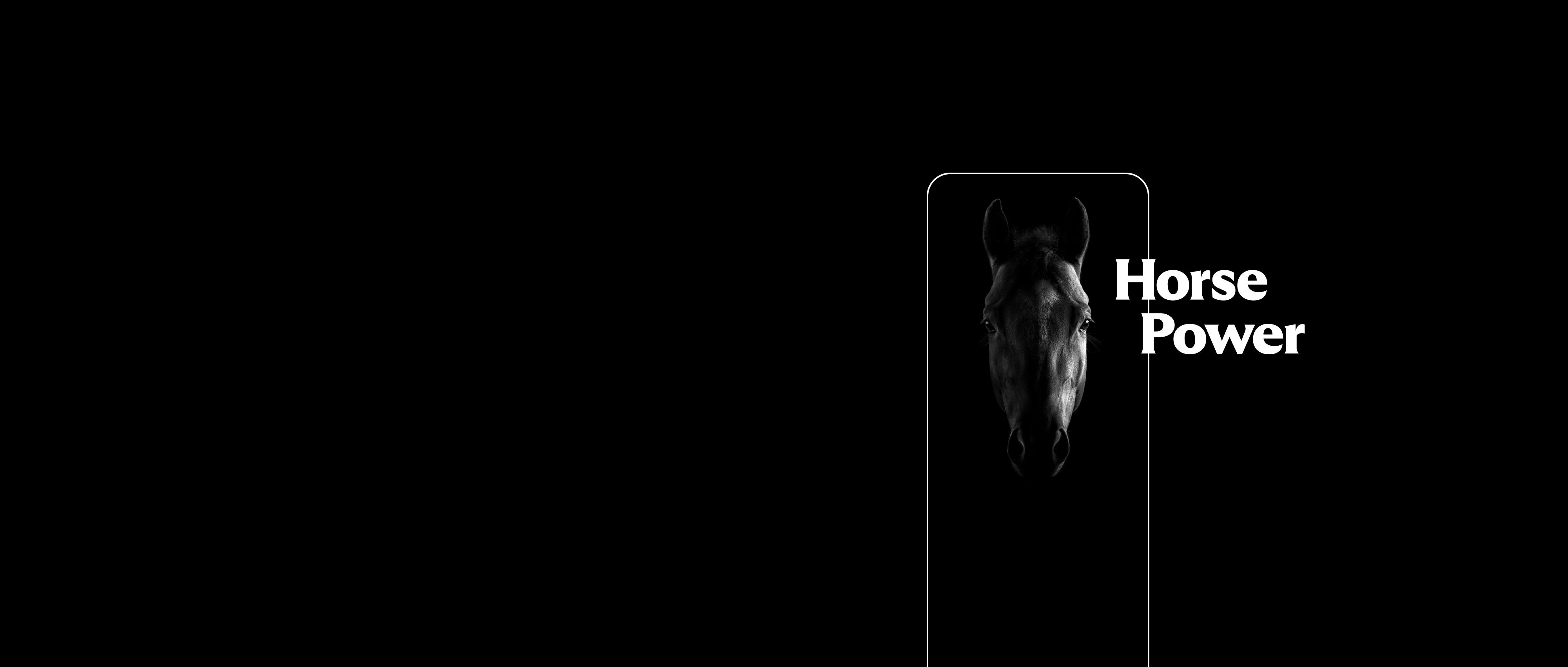 Black phone screen with a background of a black horse. White superimposed text saying Horse Power.