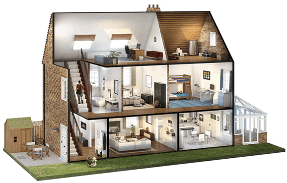 Model of a house with the front cut away so that you can see all the rooms inside.