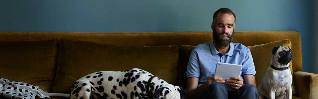 Man sat on sofa with dogs, browsing on his tablet.