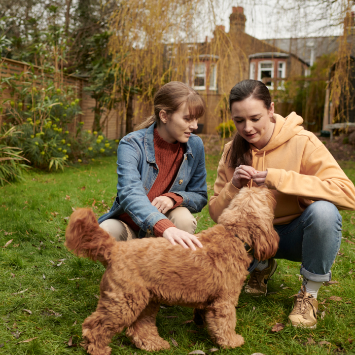 Women together with a dog